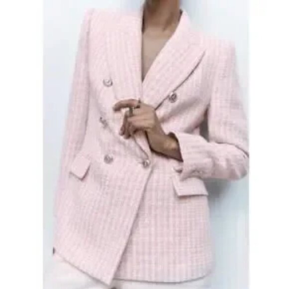 Zara Textured Tweed Double Breasted Blazer Light Pink Silver Tweed. M. NWT - Picture 5 of 10